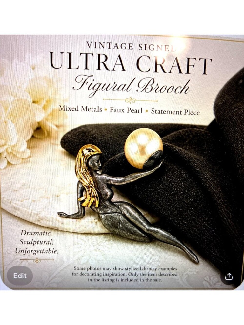 Vintage Ultra Craft Woman Brooch Faux Pearl Mixed Metal Figural Statement Pin - Picture 3 of 7